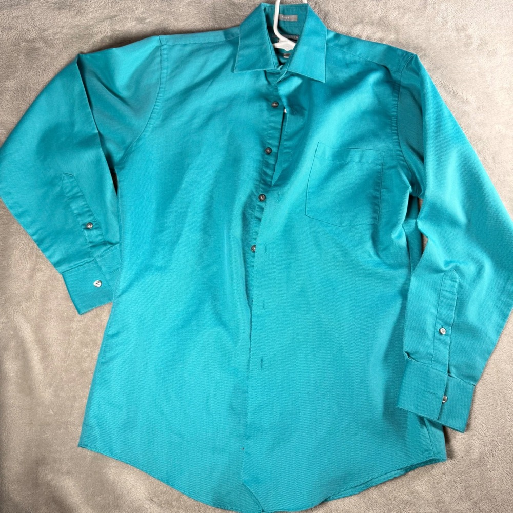 Van Heusen Mens Fitted Dress Shirt Turquoise Teal Wrinkle Free 15 32/33 Long Slv